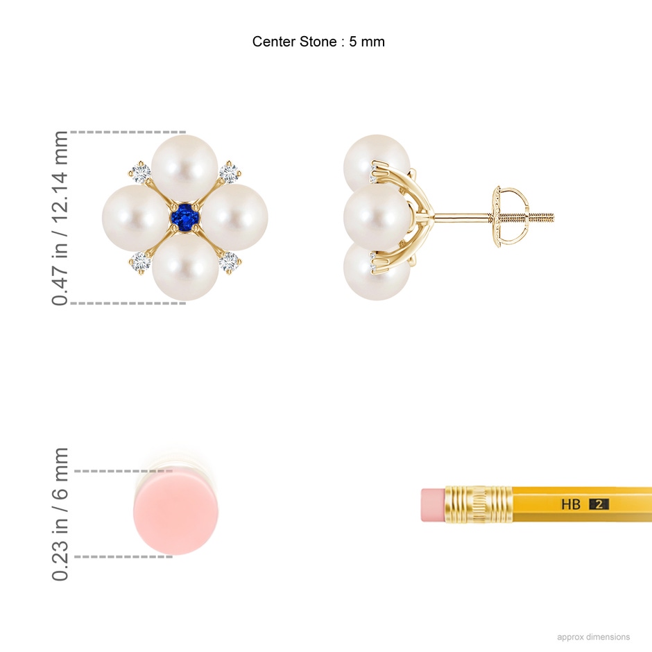 5mm AAAA Freshwater Pearl Floral Studs with Blue Sapphire in Yellow Gold ruler