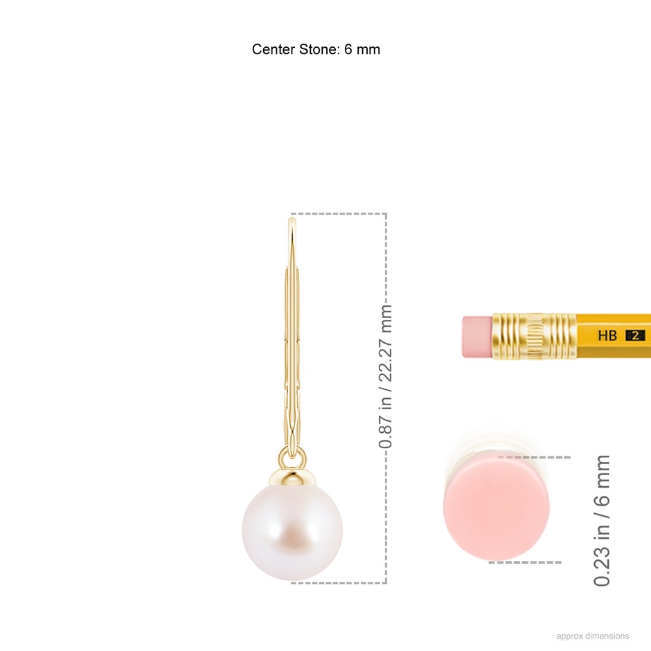 6mm AAA Japanese Akoya Pearl Earrings with Leverback in Yellow Gold ruler