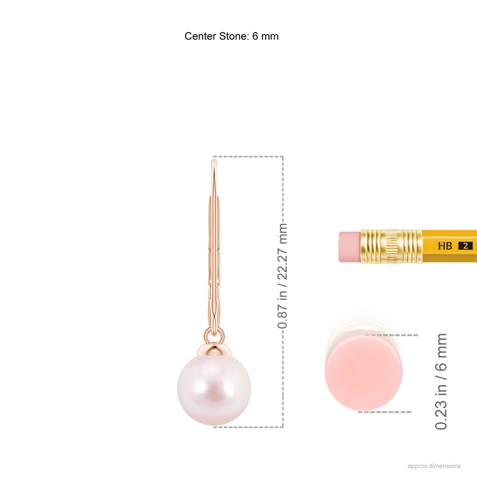 6mm AAAA Japanese Akoya Pearl Earrings with Leverback in Rose Gold ruler