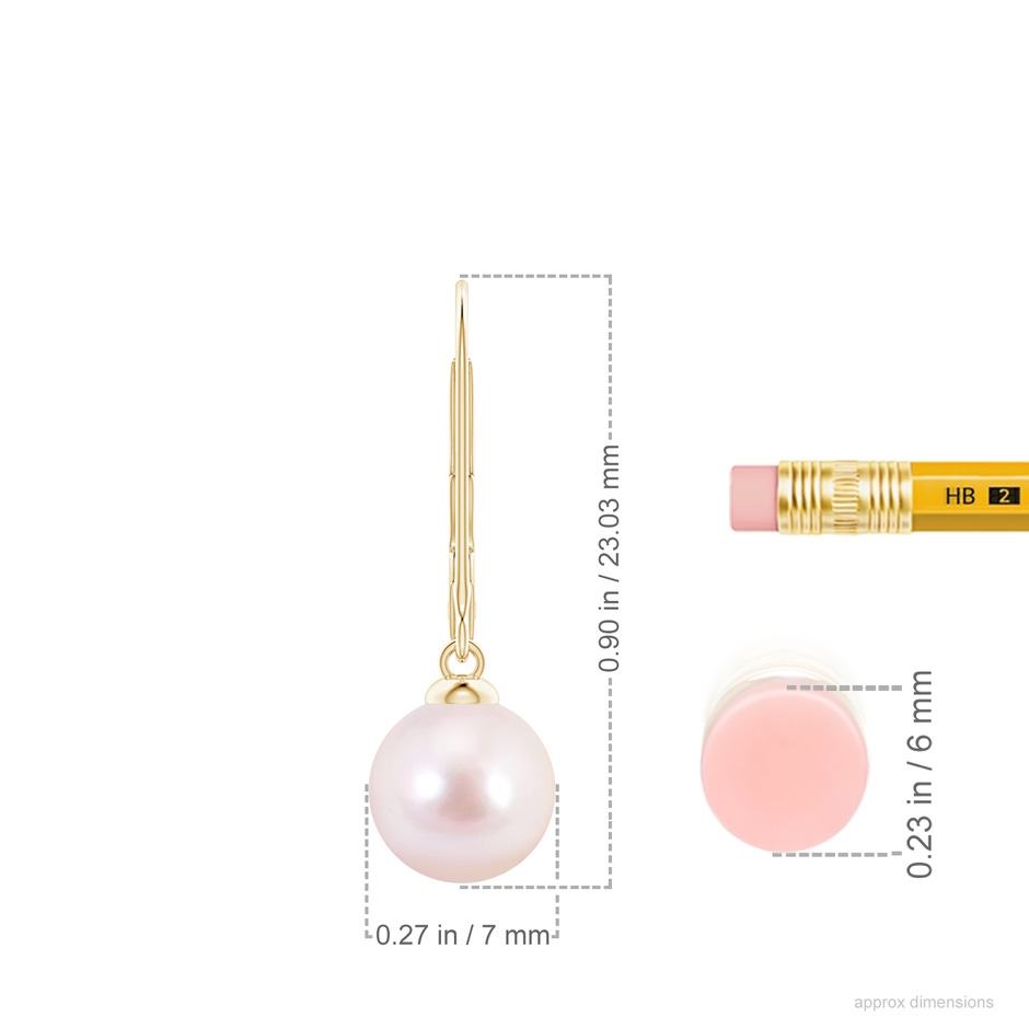 7mm AAAA Japanese Akoya Pearl Earrings with Leverback in 18K Yellow Gold ruler