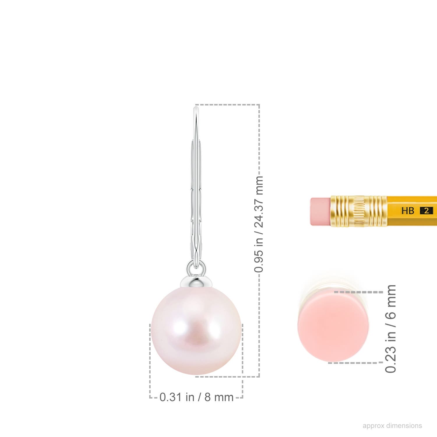 8mm AAAA Japanese Akoya Pearl Earrings with Leverback in 18CT White Gold - ruler