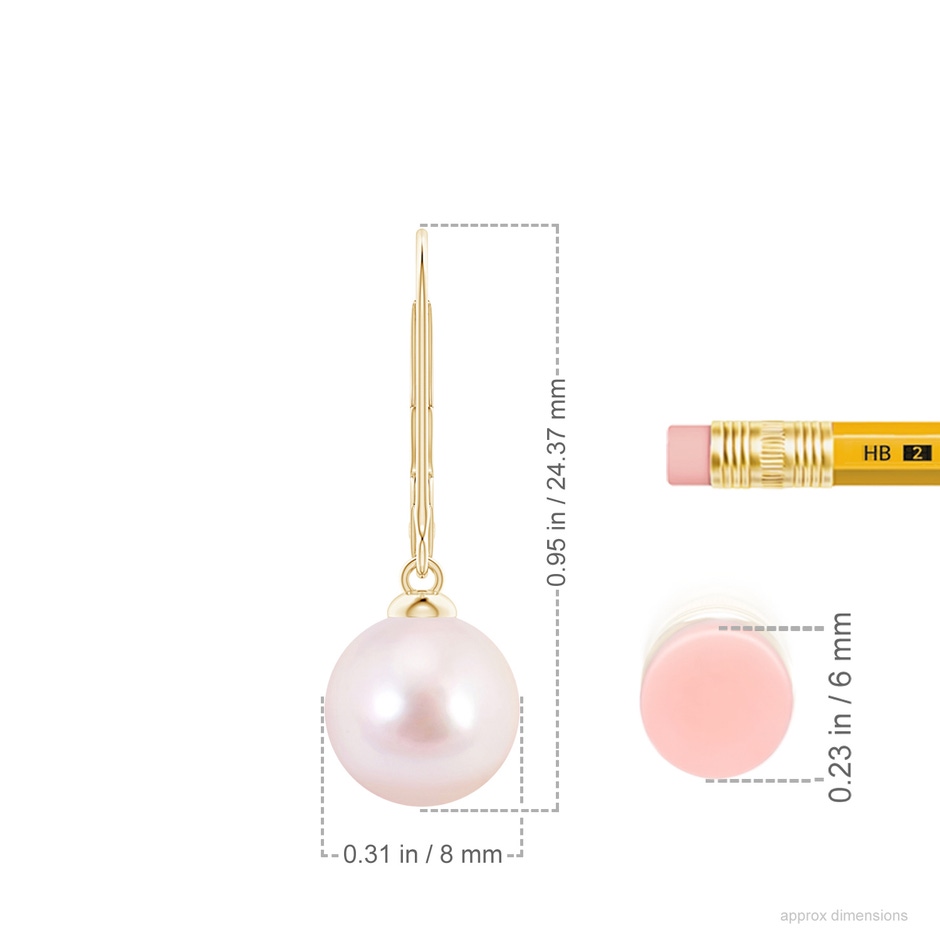 8mm AAAA Japanese Akoya Pearl Earrings with Leverback in Yellow Gold ruler