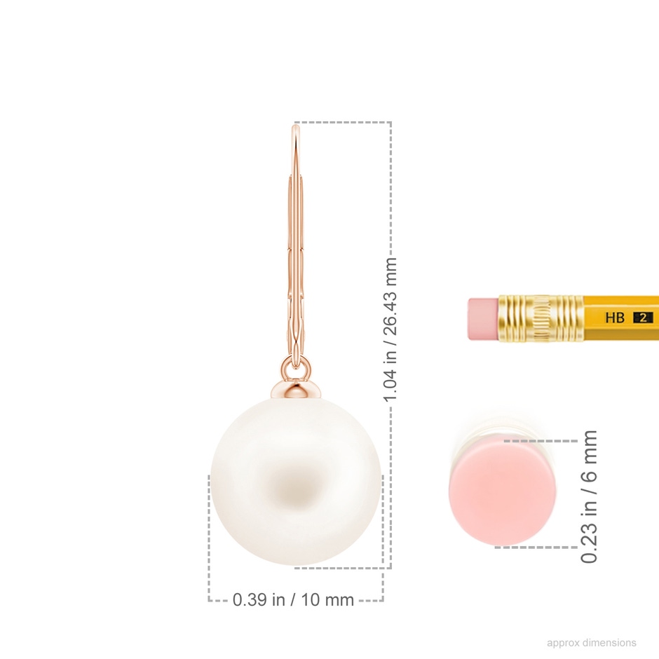 10mm AA Freshwater Pearl Earrings with Leverback in 18K Rose Gold ruler