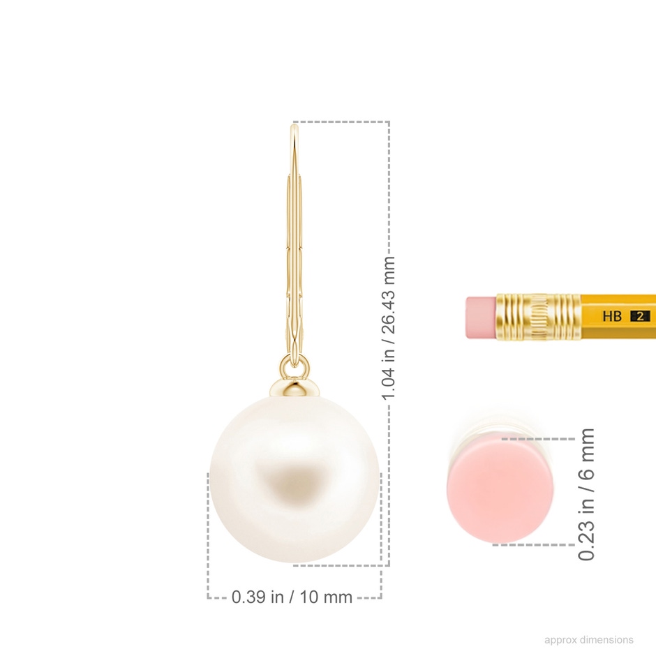 10mm AAA Freshwater Pearl Earrings with Leverback in 18K Yellow Gold ruler