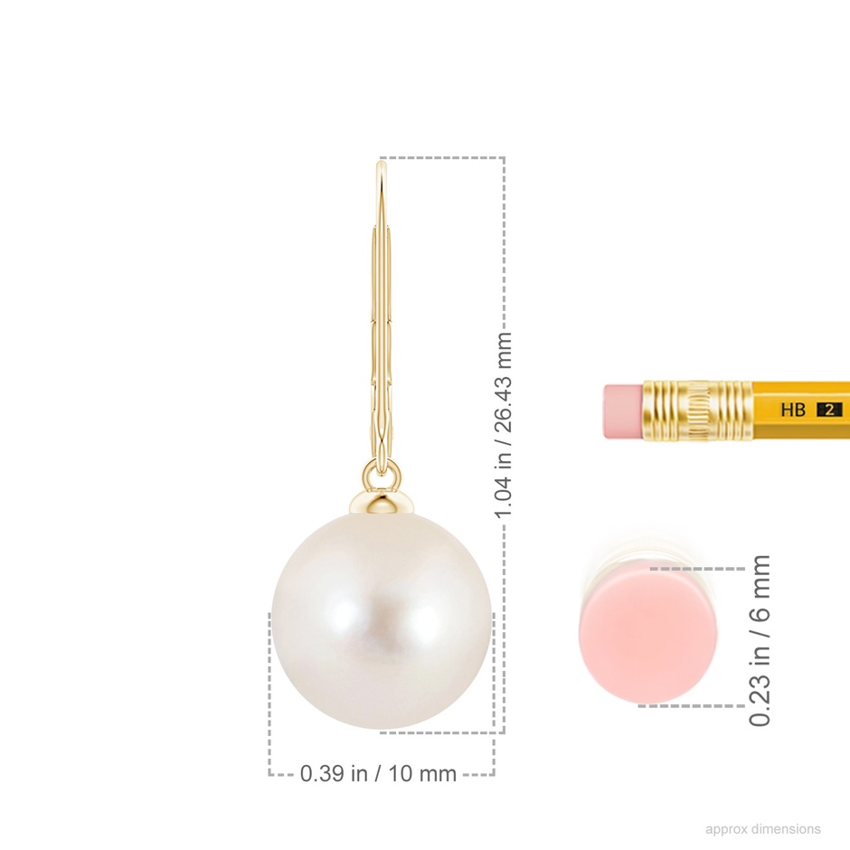 10mm AAAA Freshwater Pearl Earrings with Leverback in 18K Yellow Gold ruler