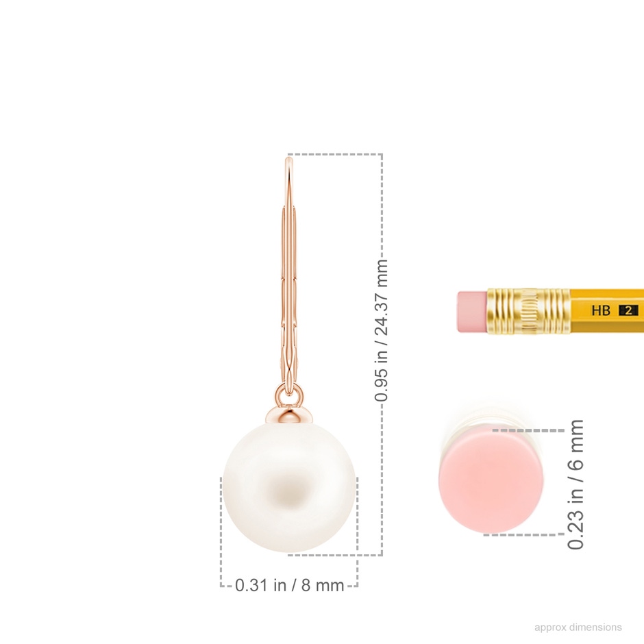 8mm AA Freshwater Pearl Earrings with Leverback in Rose Gold ruler