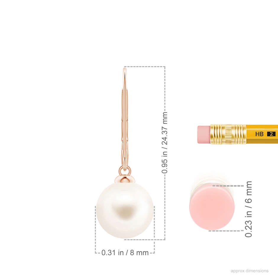 8mm AAA Freshwater Pearl Earrings with Leverback in Rose Gold ruler