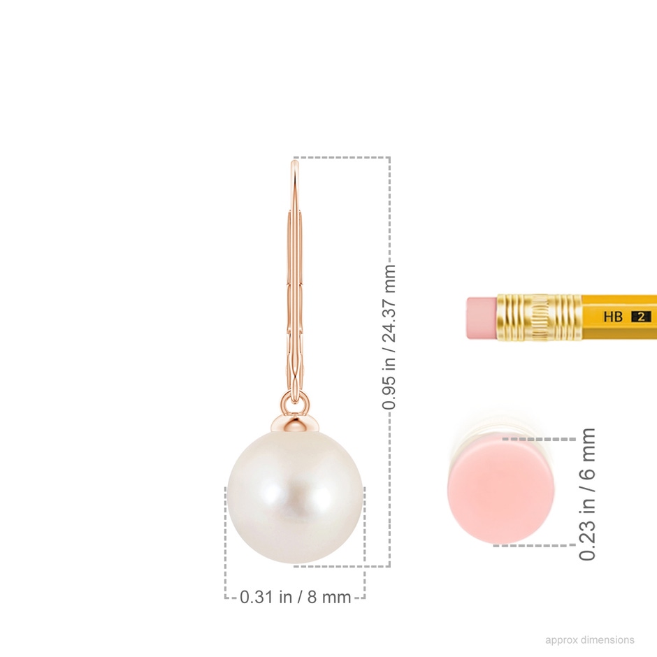 8mm AAAA Freshwater Pearl Earrings with Leverback in Rose Gold ruler