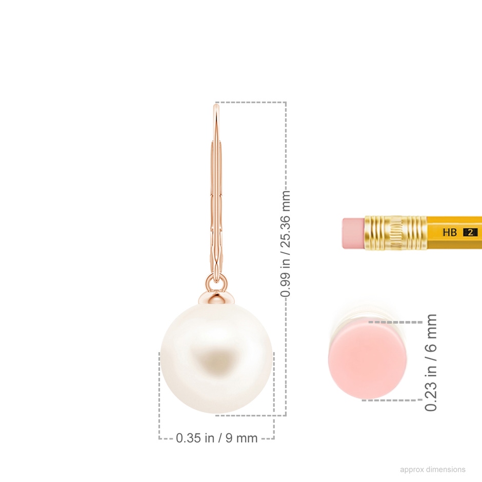 9mm AAA Freshwater Pearl Earrings with Leverback in Rose Gold ruler