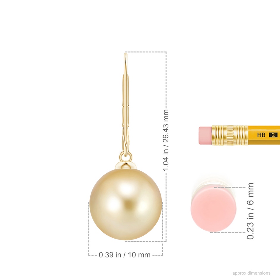 10mm AAAA Golden South Sea Pearl Earrings with Leverback in 18K Yellow Gold ruler