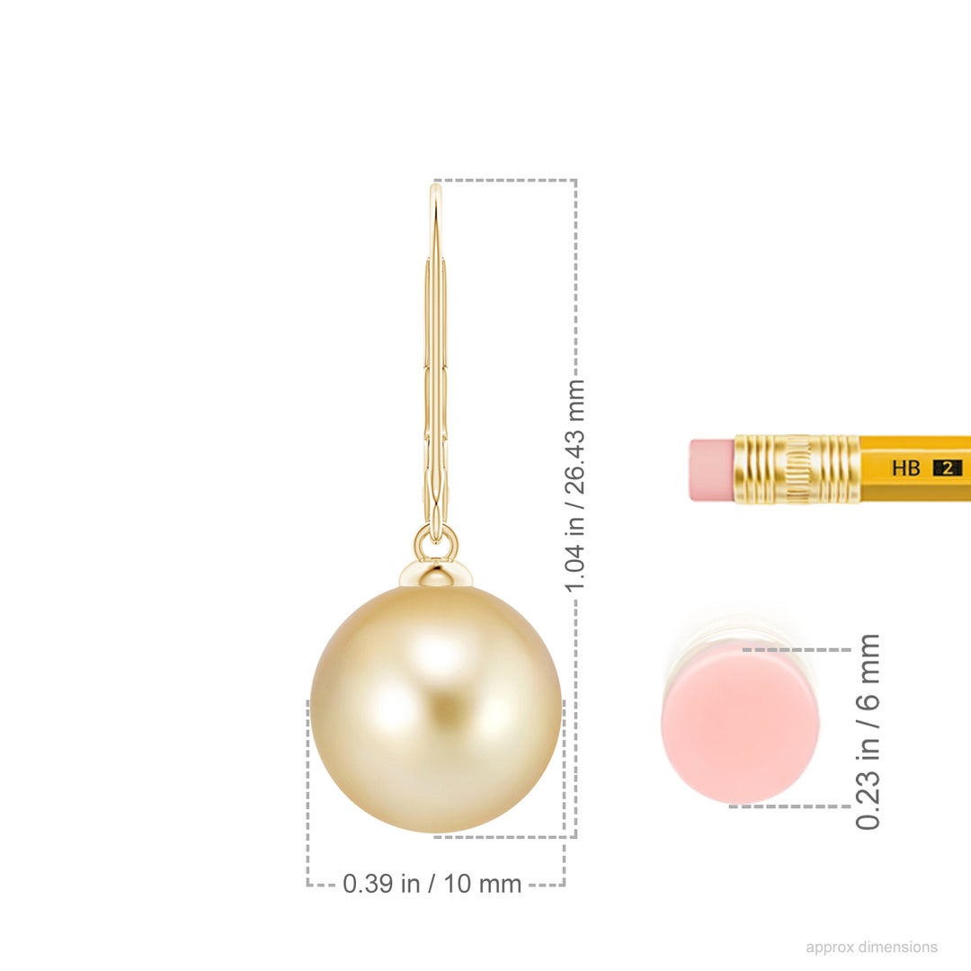 10mm AAAA Golden South Sea Pearl Earrings with Leverback in 18K Yellow Gold - ruler