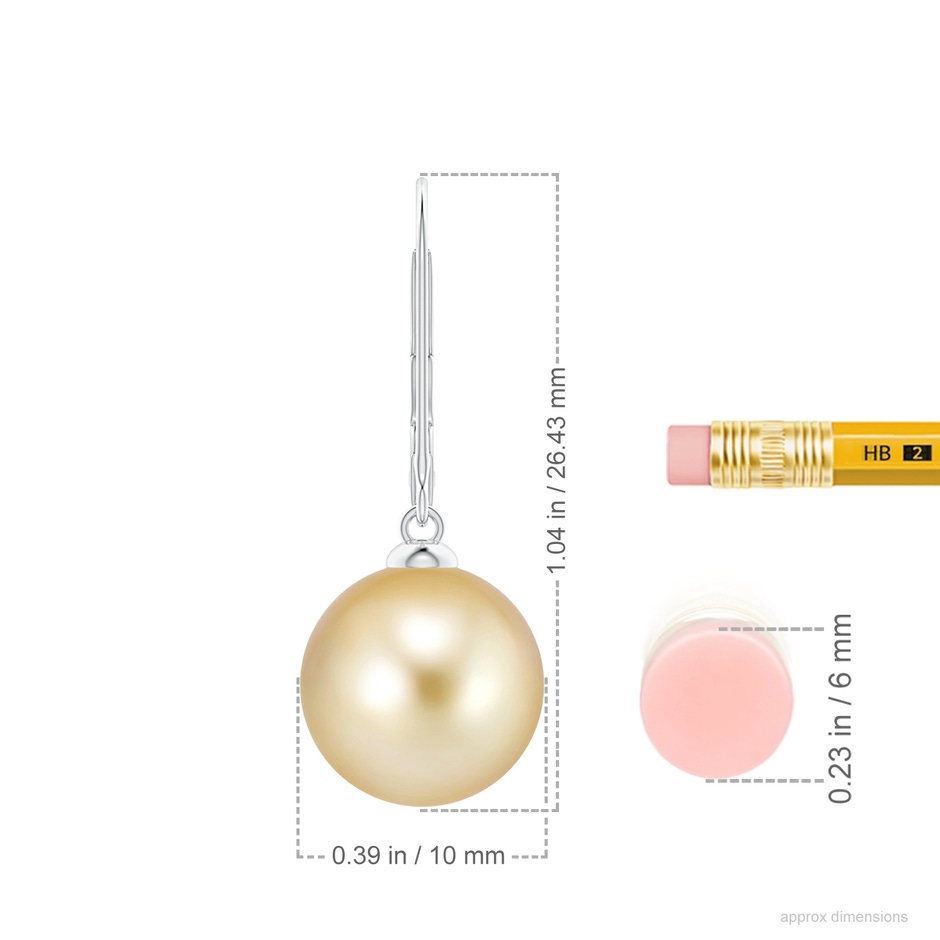 10mm AAAA Golden South Sea Pearl Earrings with Leverback in P950 Platinum ruler
