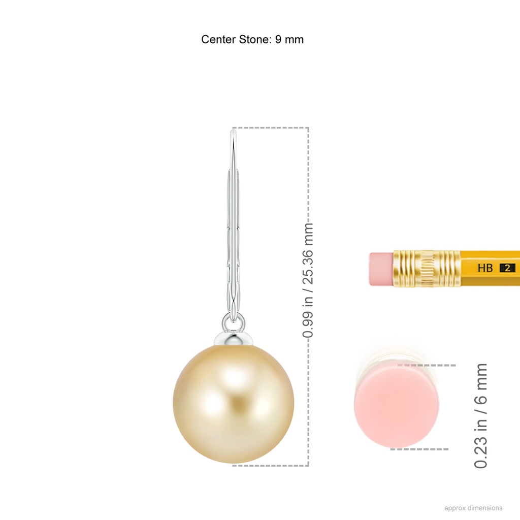 9mm AAAA Golden South Sea Pearl Earrings with Leverback in White Gold Ruler