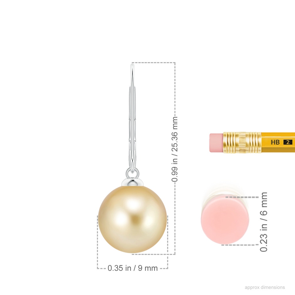 9mm AAAA Golden South Sea Pearl Earrings with Leverback in White Gold ruler