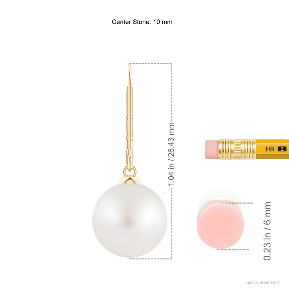 10mm AA South Sea Pearl Earrings with Leverback in Yellow Gold ruler
