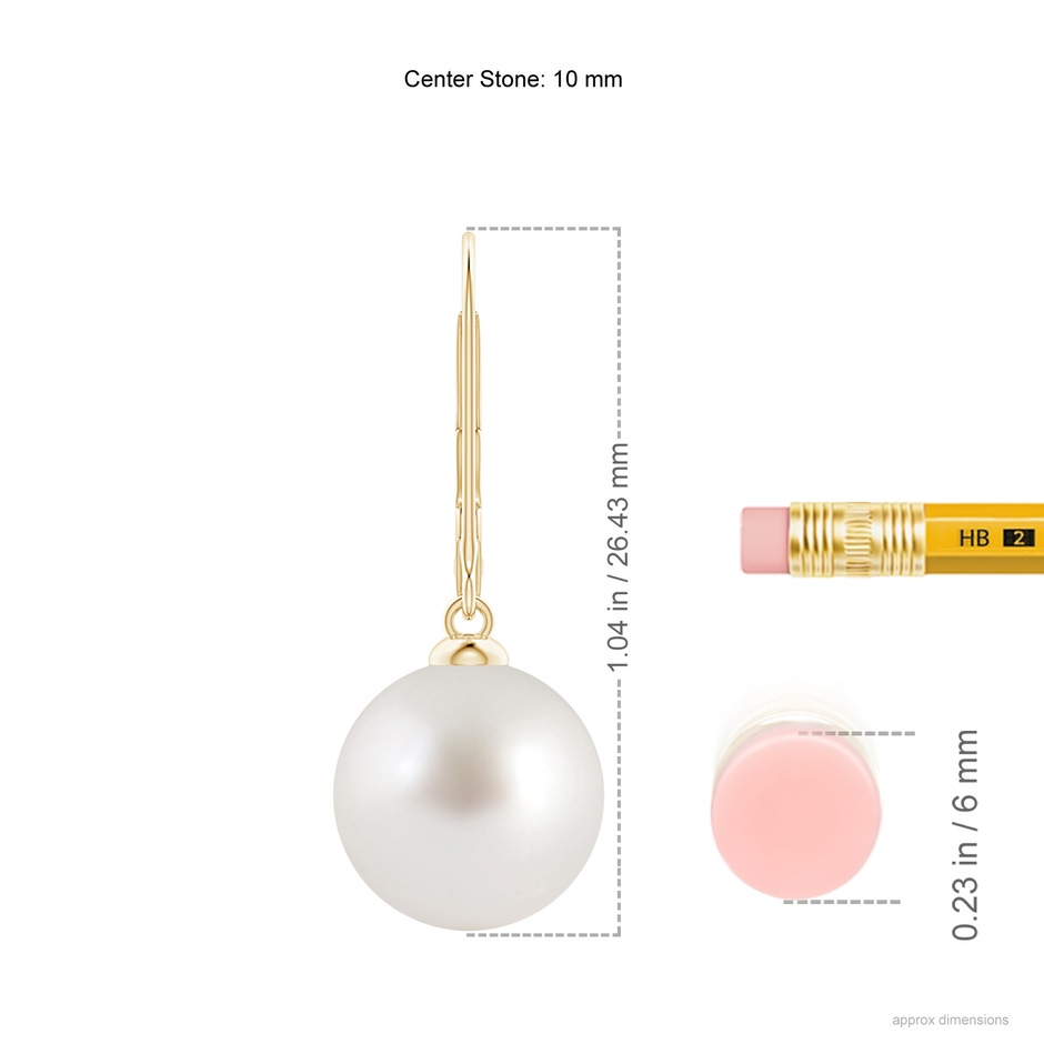 10mm AAA South Sea Pearl Earrings with Leverback in Yellow Gold ruler