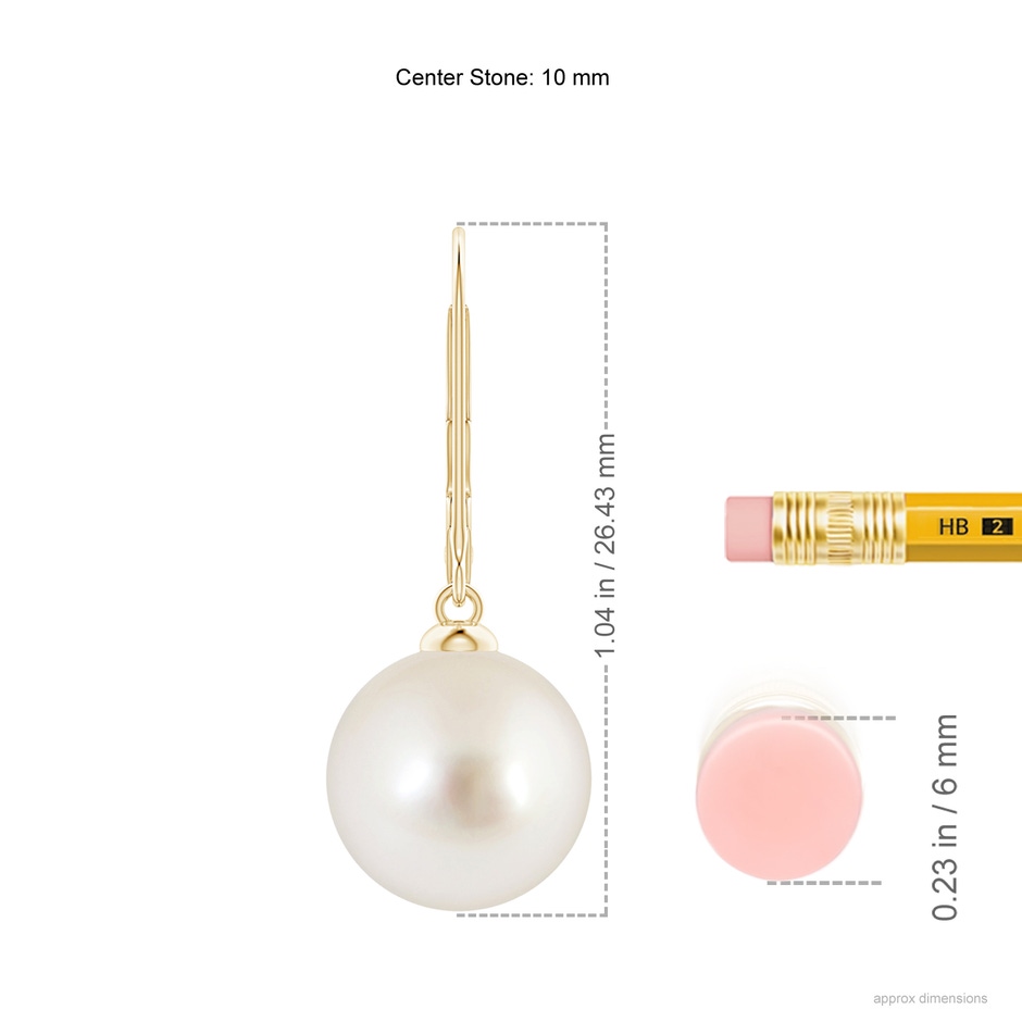 10mm AAAA South Sea Pearl Earrings with Leverback in Yellow Gold ruler