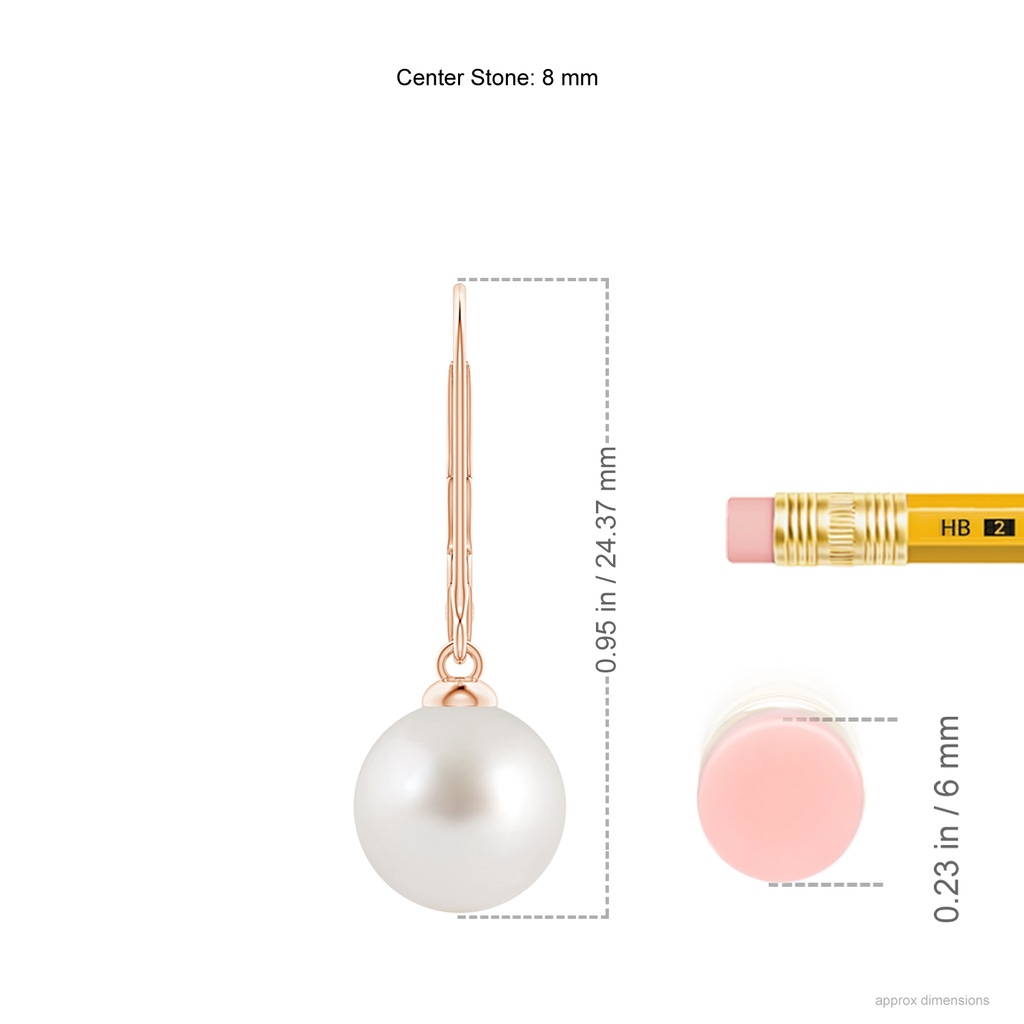 8mm AAA South Sea Pearl Earrings with Leverback in Rose Gold Ruler
