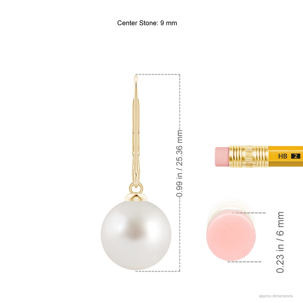 9mm AAA South Sea Pearl Earrings with Leverback in 9K Yellow Gold Ruler