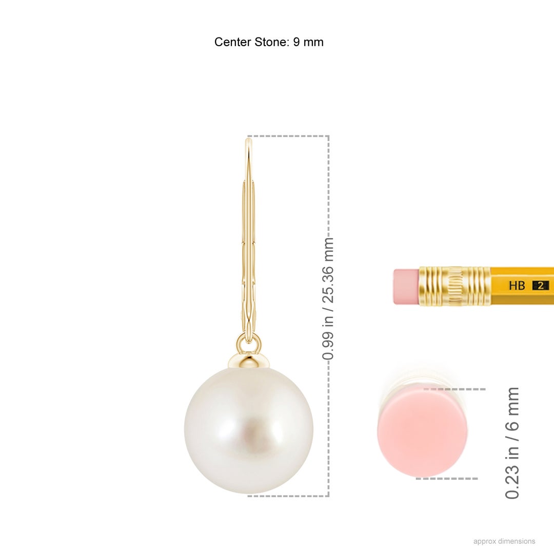 9mm AAAA South Sea Pearl Earrings with Leverback in Yellow Gold - ruler