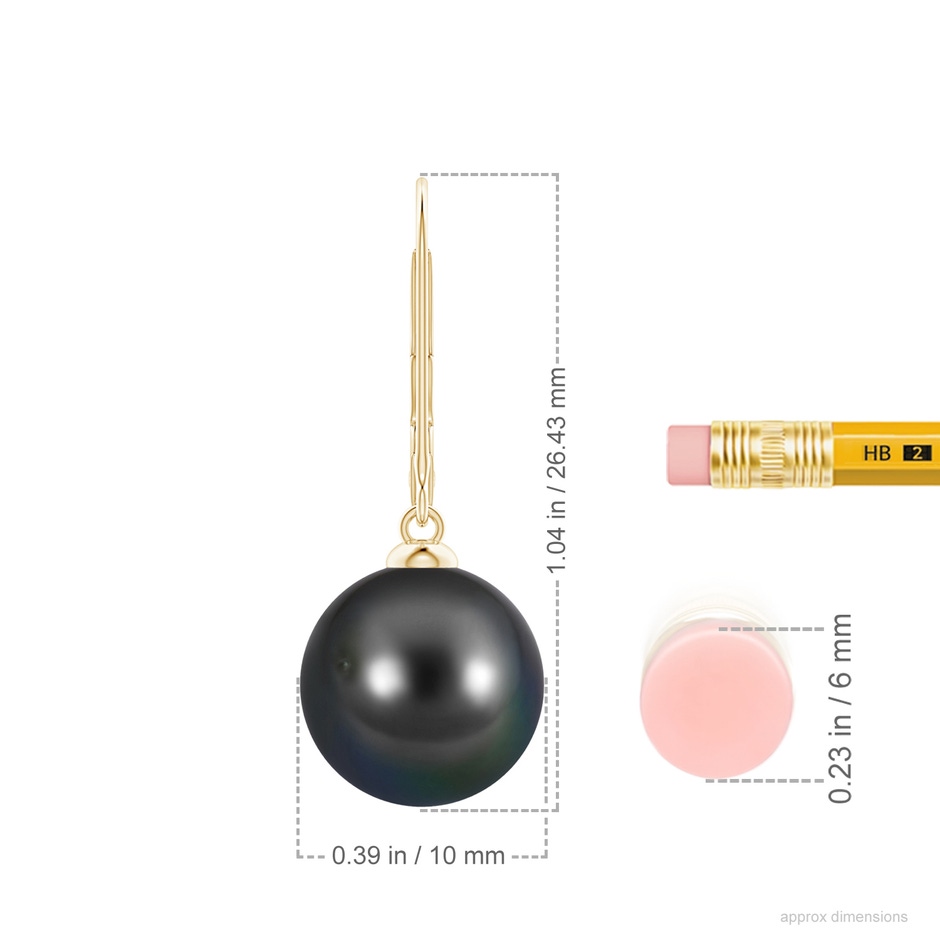 10mm AA Tahitian Pearl Earrings with Leverback in Yellow Gold ruler