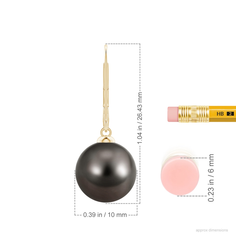 10mm AAA Tahitian Pearl Earrings with Leverback in 18K Yellow Gold ruler