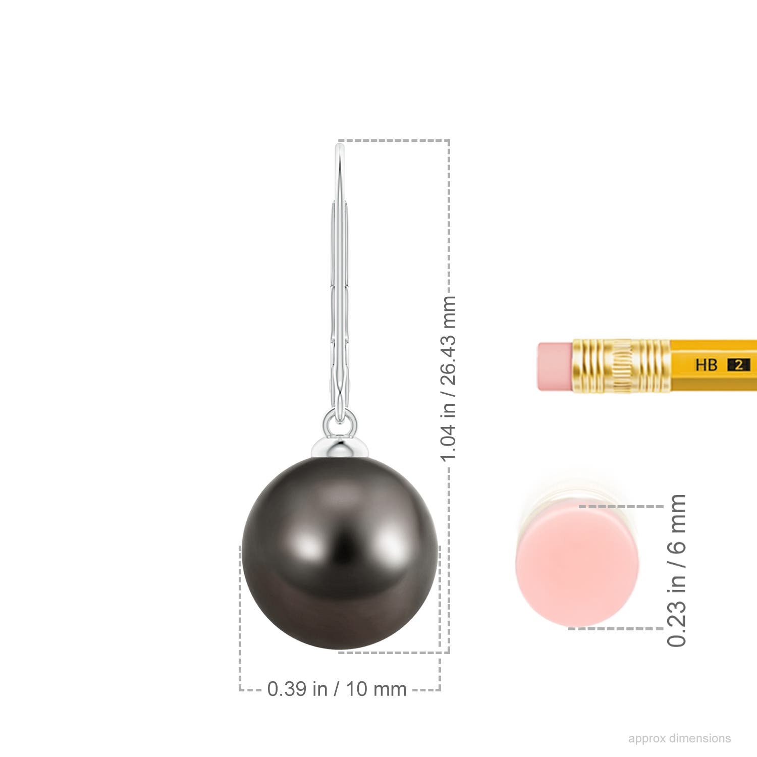 10mm AAA Tahitian Pearl Earrings with Leverback in White Gold - ruler