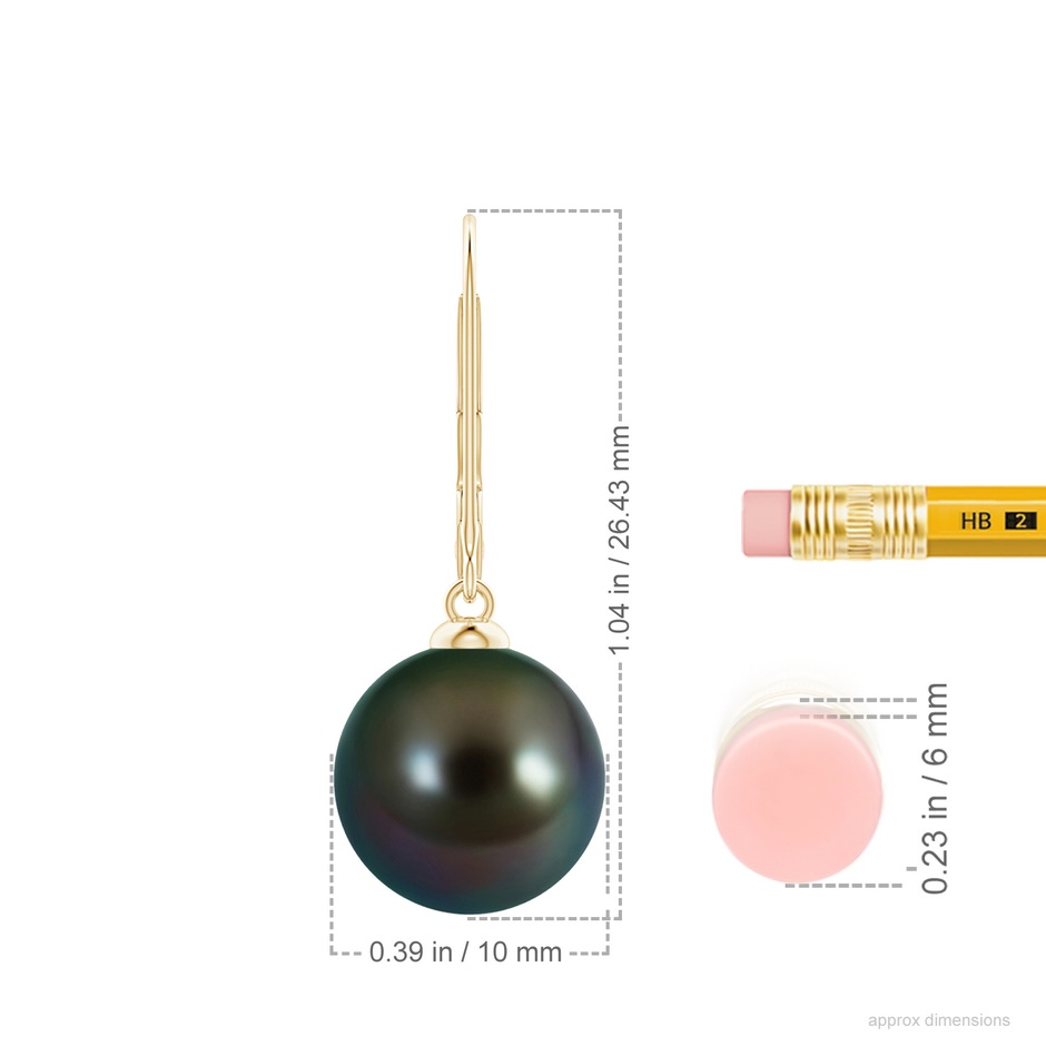 10mm AAAA Tahitian Pearl Earrings with Leverback in 18K Yellow Gold ruler