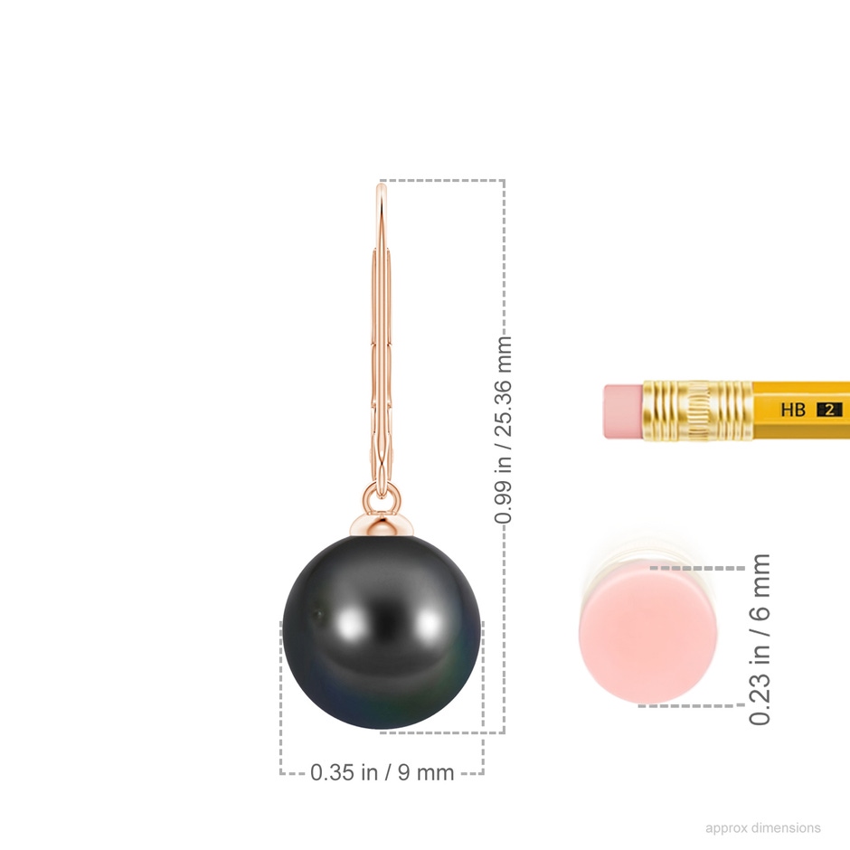 9mm AA Tahitian Pearl Earrings with Leverback in Rose Gold ruler