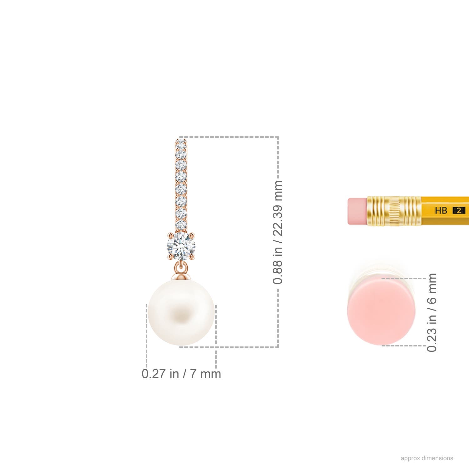 7mm AA Leverback Freshwater Pearl Drop Earrings in Rose Gold - ruler