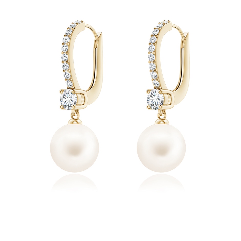 7mm AA Leverback Freshwater Pearl Drop Earrings in Yellow Gold ruler