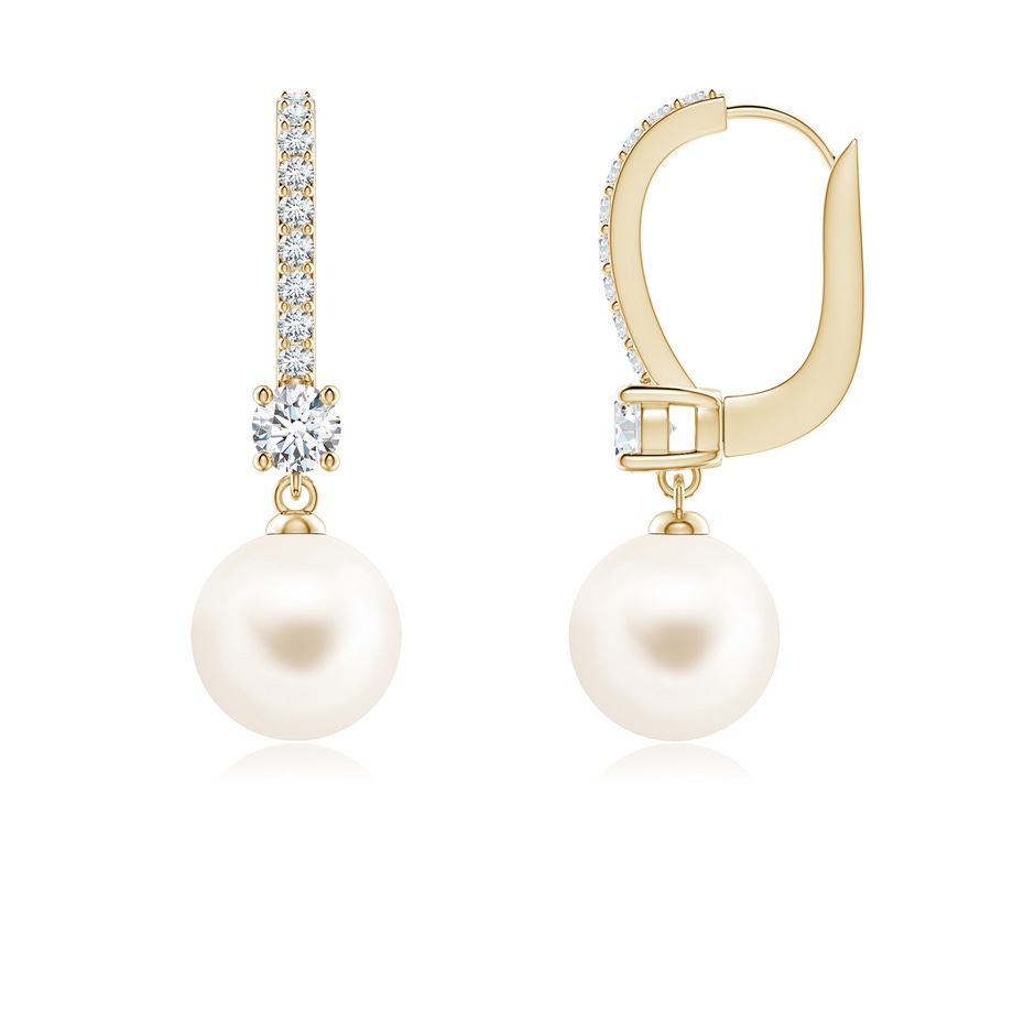 7mm AAA Leverback Freshwater Pearl Drop Earrings in Yellow Gold 