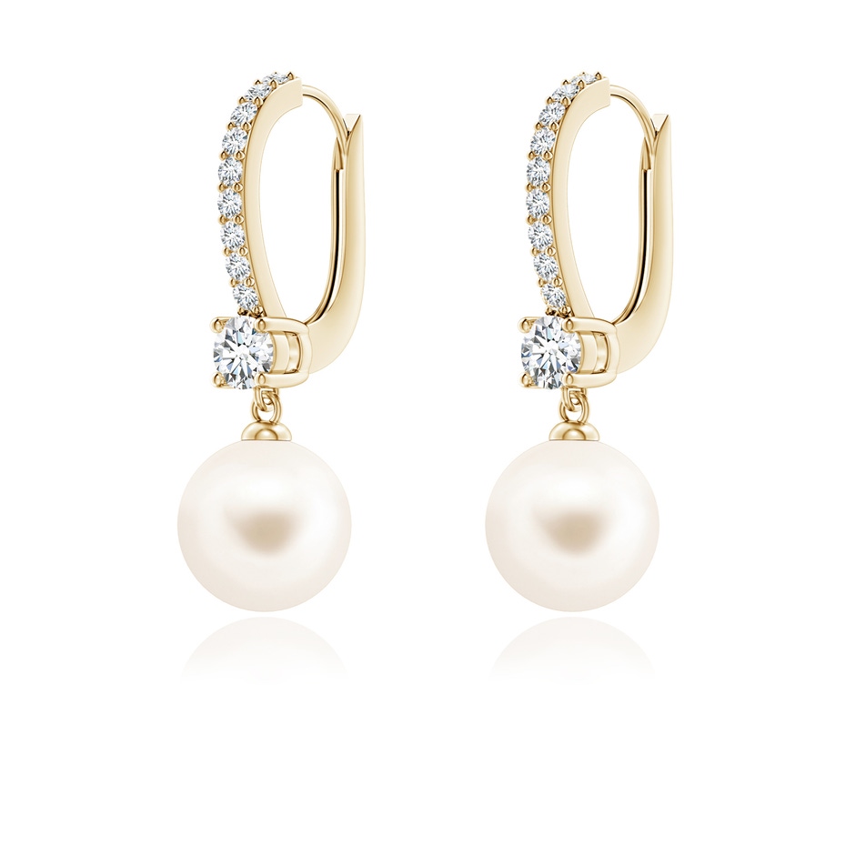 7mm AAA Leverback Freshwater Pearl Drop Earrings in Yellow Gold ruler