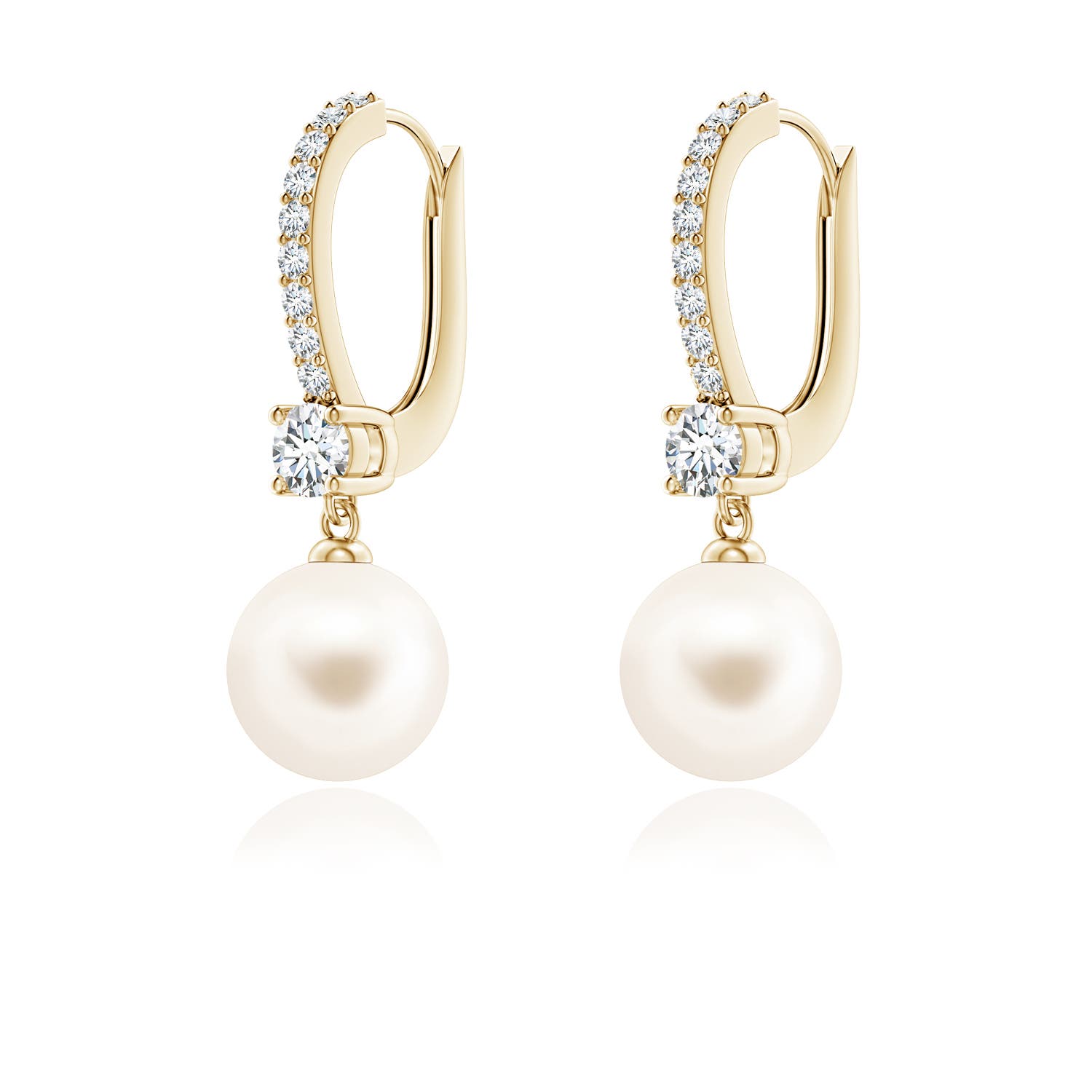 7mm AAA Leverback Freshwater Pearl Drop Earrings in Yellow Gold
