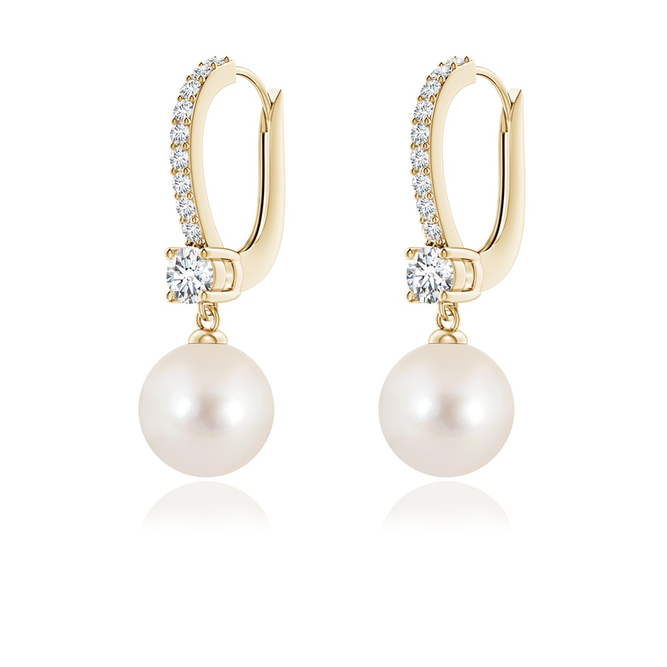7mm AAAA Leverback Freshwater Pearl Drop Earrings in Yellow Gold ruler