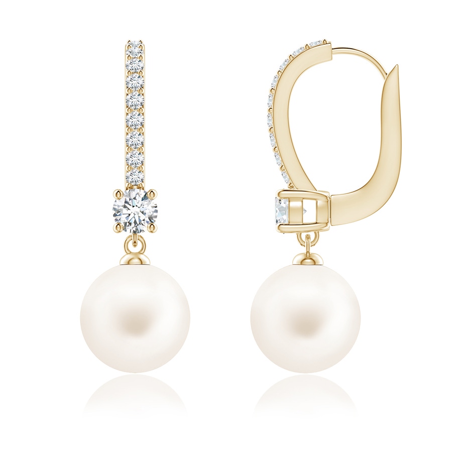 8mm AA Leverback Freshwater Pearl Drop Earrings in Yellow Gold 