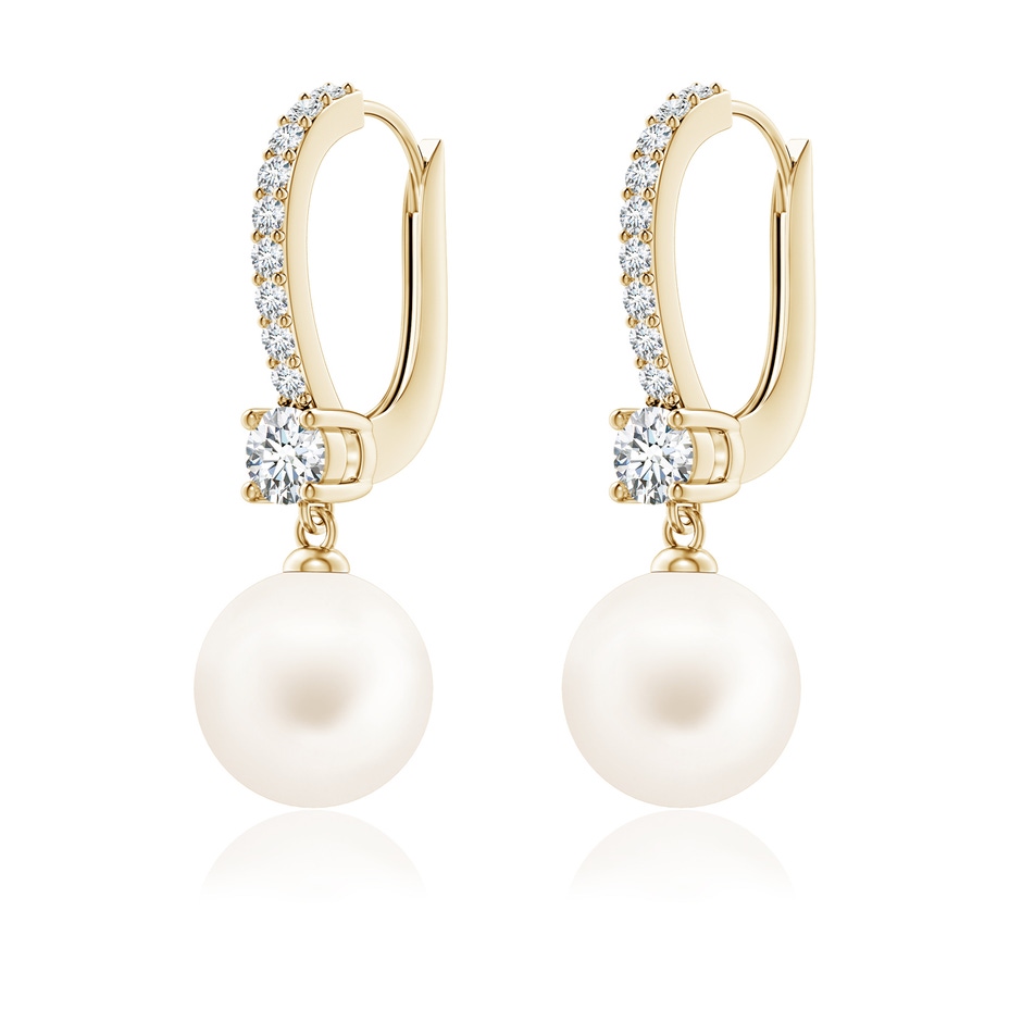 8mm AA Leverback Freshwater Pearl Drop Earrings in Yellow Gold ruler