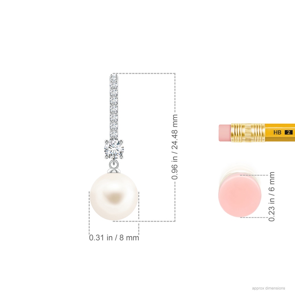 8mm AAA Leverback Freshwater Pearl Drop Earrings in White Gold ruler