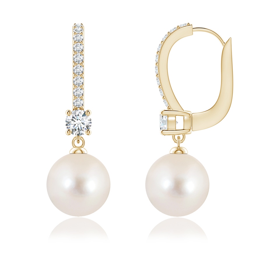 8mm AAAA Leverback Freshwater Pearl Drop Earrings in Yellow Gold 