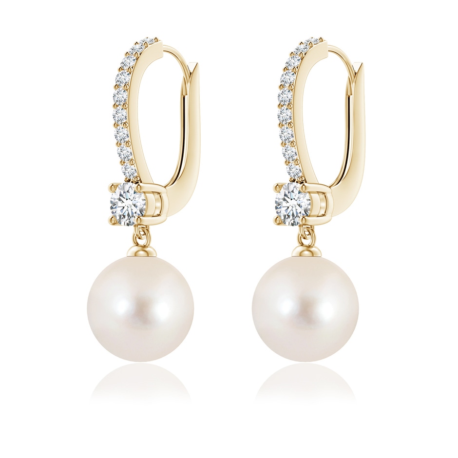 8mm AAAA Leverback Freshwater Pearl Drop Earrings in Yellow Gold ruler
