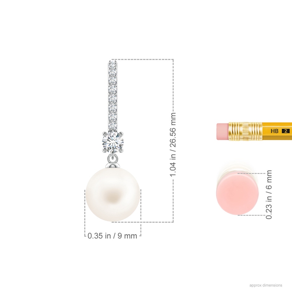9mm AA Leverback Freshwater Pearl Drop Earrings in White Gold ruler