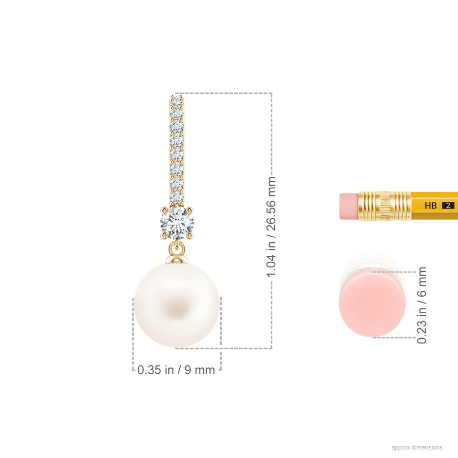 9mm AA Leverback Freshwater Pearl Drop Earrings in Yellow Gold ruler