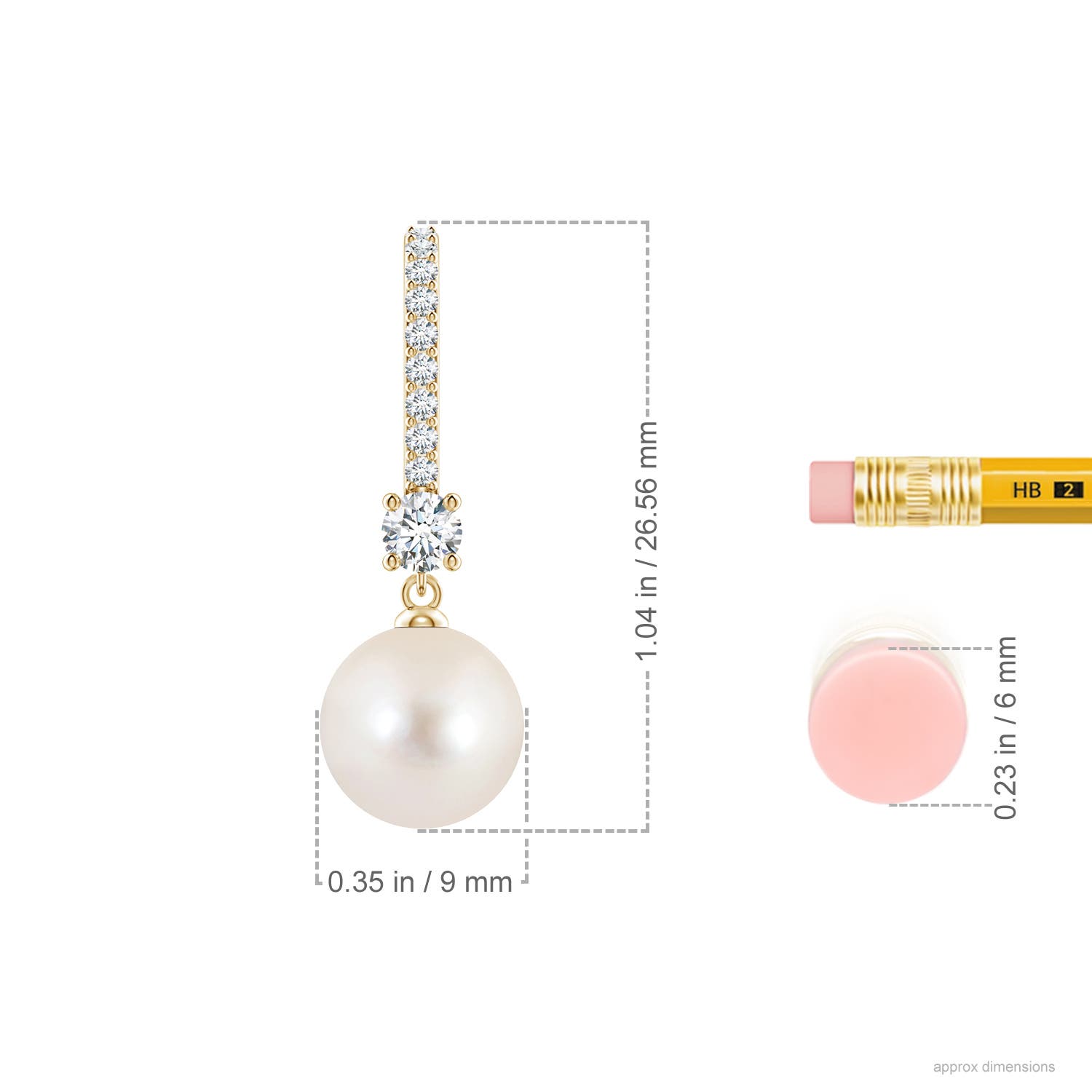 9mm AAAA Leverback Freshwater Pearl Drop Earrings in Yellow Gold - ruler