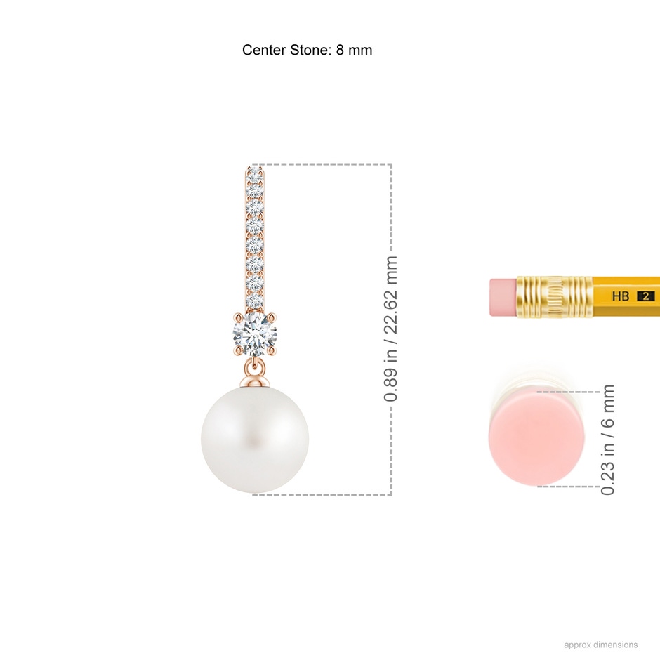 8mm AA Leverback South Sea Pearl Drop Earrings in Rose Gold ruler