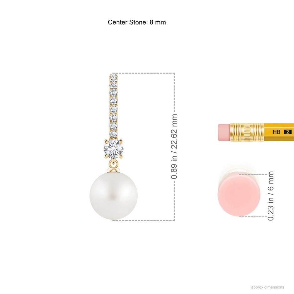 8mm AA Leverback South Sea Pearl Drop Earrings in Yellow Gold ruler