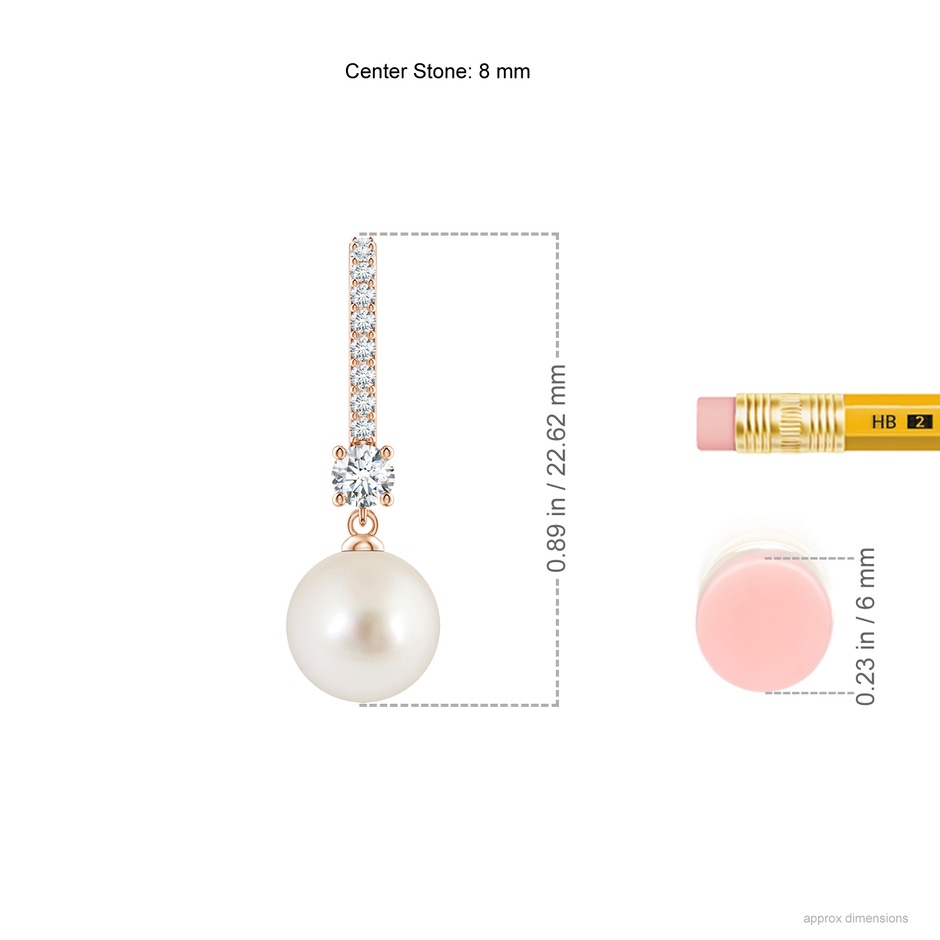 8mm AAAA Leverback South Sea Pearl Drop Earrings in Rose Gold ruler