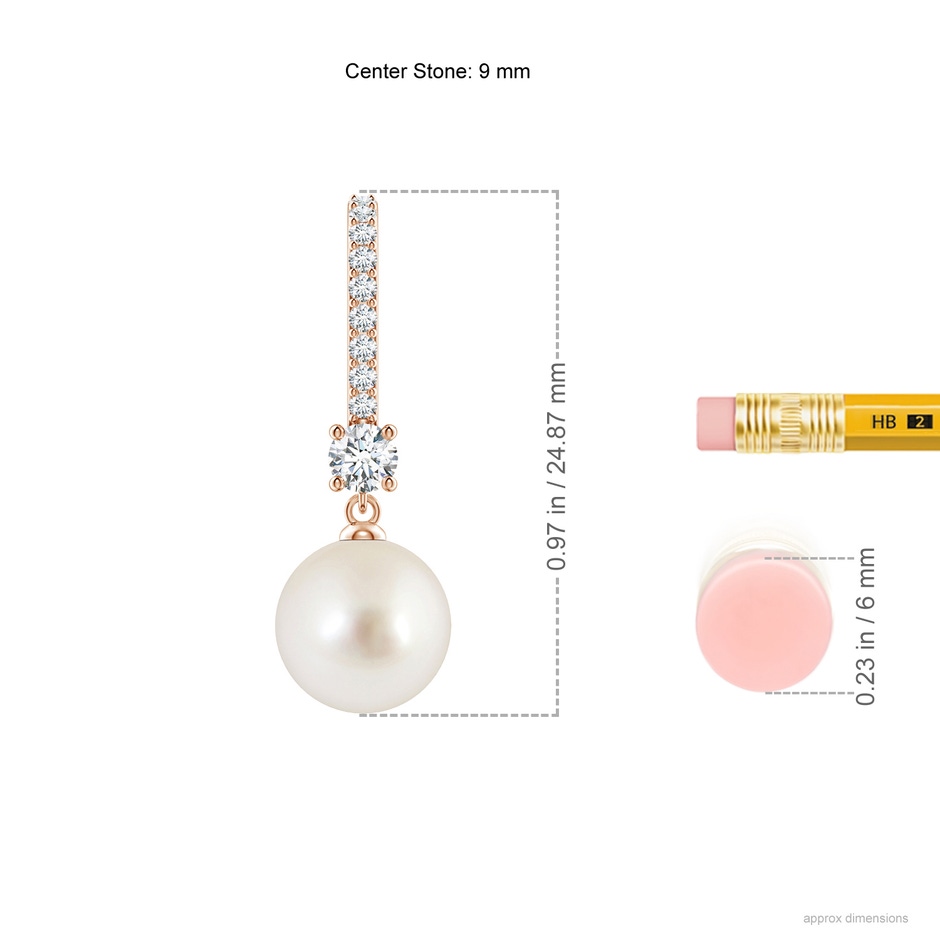 9mm AAAA Leverback South Sea Pearl Drop Earrings in Rose Gold ruler