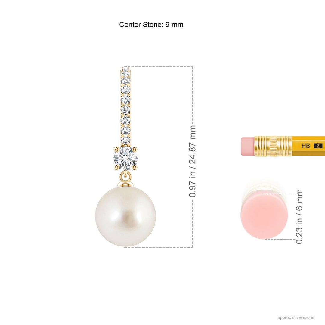 9mm AAAA Leverback South Sea Pearl Drop Earrings in Yellow Gold - ruler