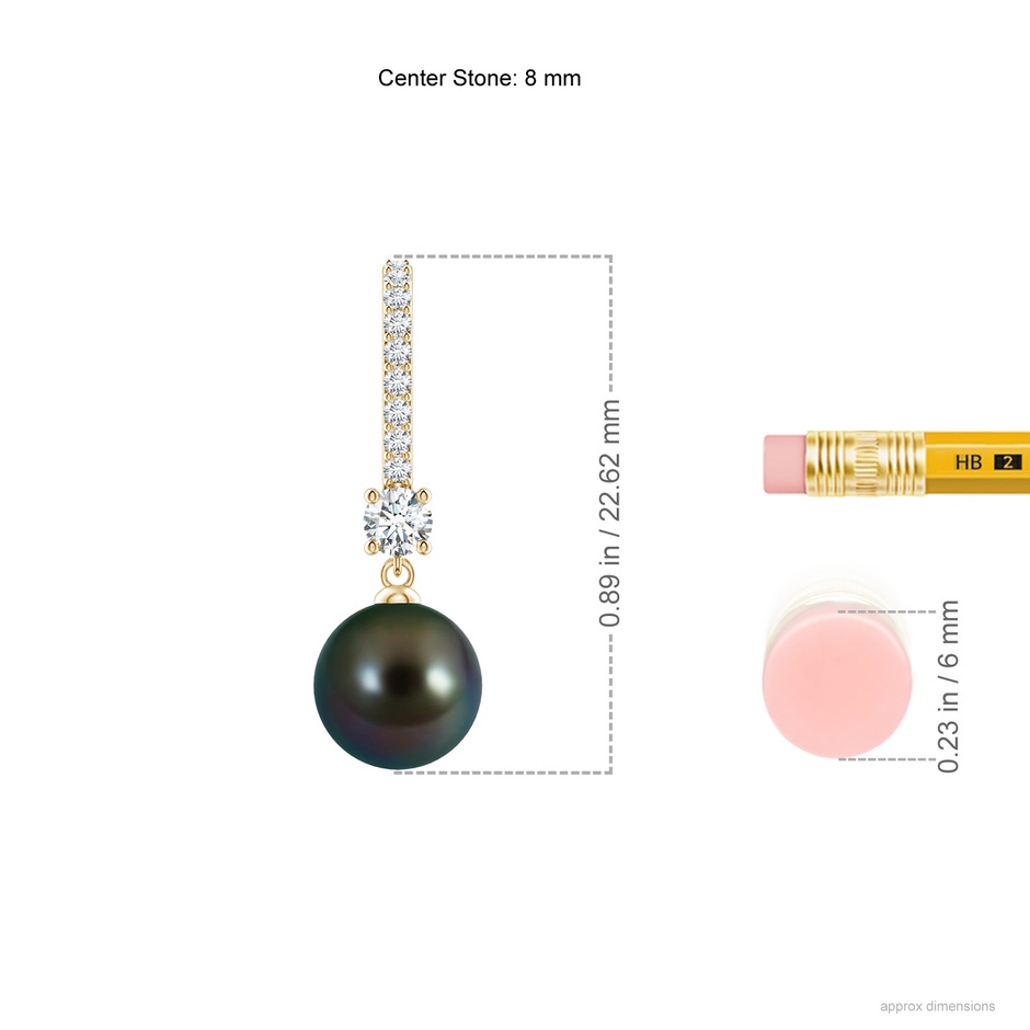 8mm AAAA Leverback Tahitian Pearl Drop Earrings in Yellow Gold ruler