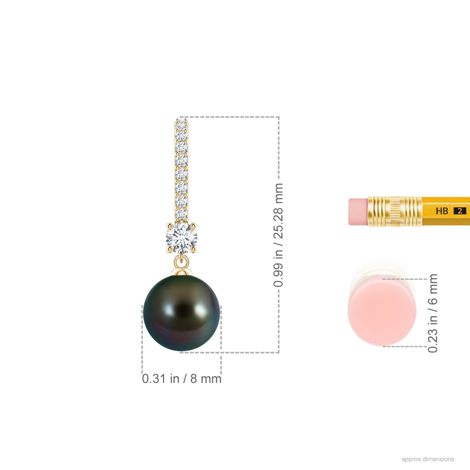 8mm AAAA Leverback Tahitian Pearl Drop Earrings in Yellow Gold - ruler